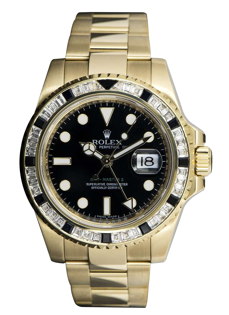 GMT Master II in Yellow Gold with Baguette Diamond Bezel on Oyster Bracelet with Black Dial