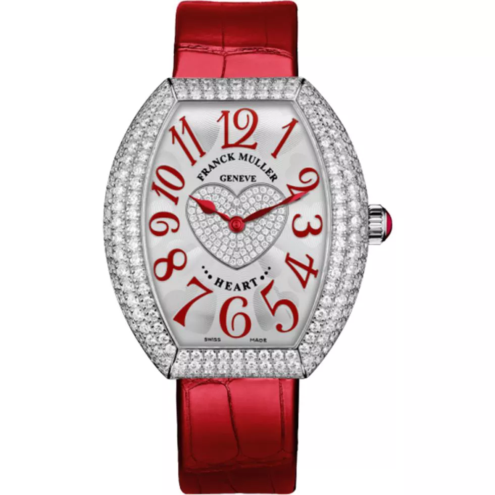 Heart Collection in White Gold with Pave Diamond Case on Red Alligator Leather Strap with Silver Diamond Dial