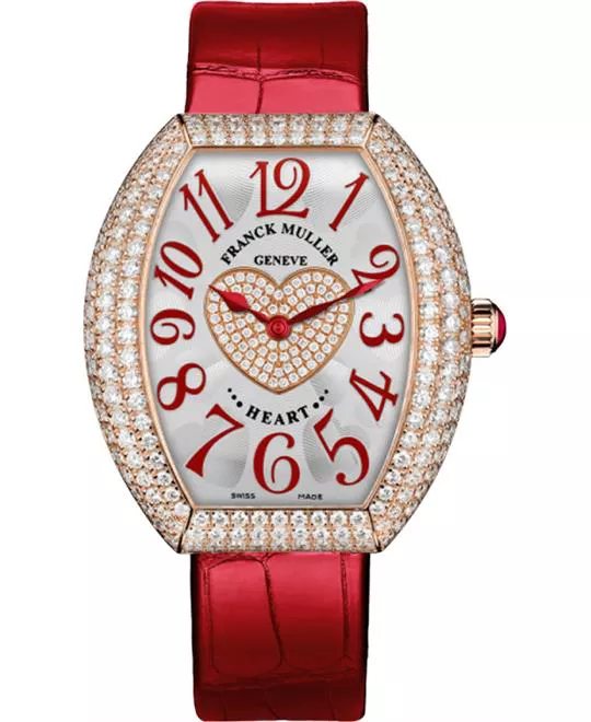 Heart Collection in Rose Gold with Pave Diamond Case on Red Alligator Leather Strap with Silver Diamond Dial
