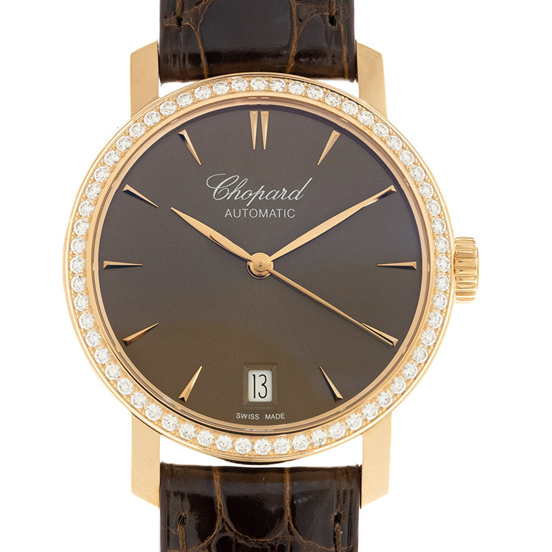 Classic Ladys Automatic in Rose Gold with Diamond Bezel on Brown Crocodile Leather Strap with Brown Dial