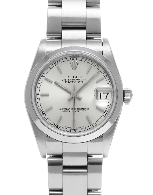 Mid Size 31mm Datejust in Steel with Smooth Bezel on Steel Oyster Bracelet with Silver Stick Dial