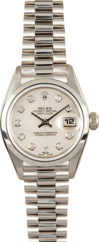 Ladies President in Platinum with Smooth Bezel on Platinum President Bracelet with Silver Diamond Dial