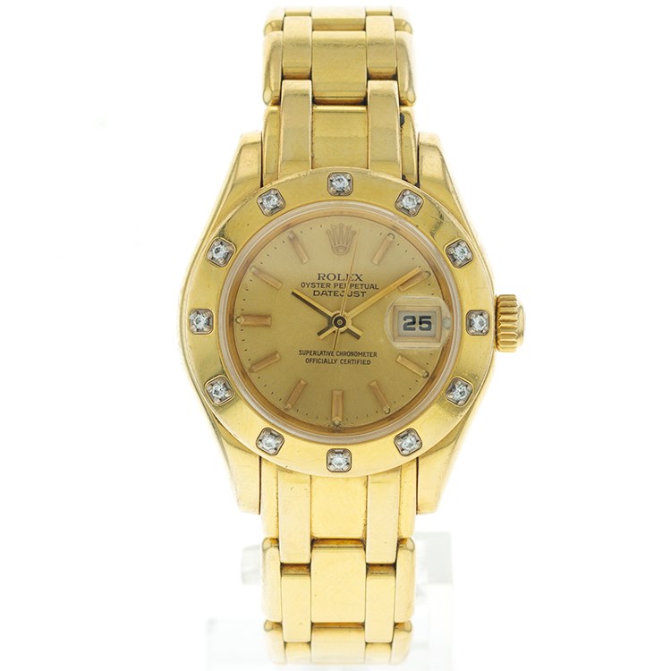 Masterpiece 29mm in Yellow Gold with 12 Diamond Bezel on Pearlmaster Bracelet with Champagne Stick Dial