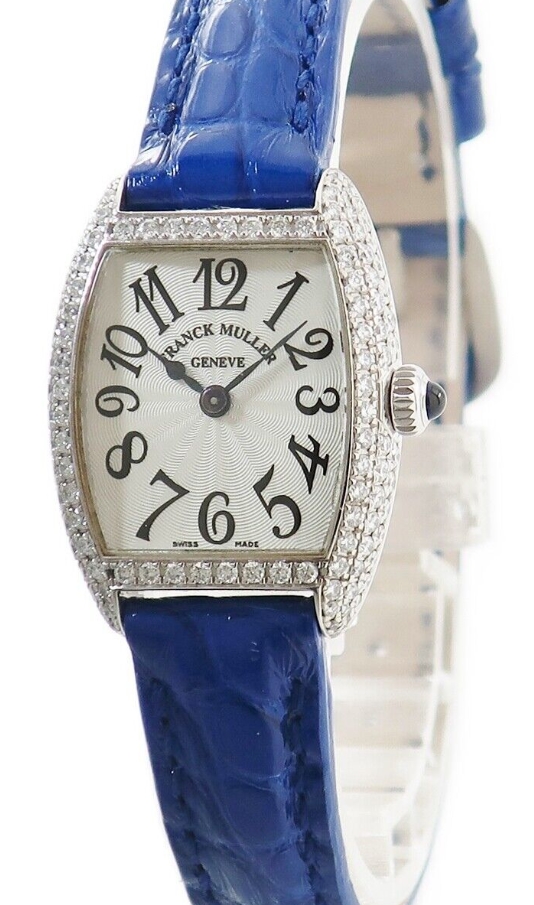 Lady's Small Size Cintre Curvex in White Gold with Diamond Bezel on Blue Crocodile Leather Strap with Silver Dial