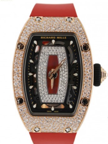 RM07-01 Rose Gold with Jasper Center - Red SNOW Diamond Case on Rubber Strap with Skeleton Diamond Dial