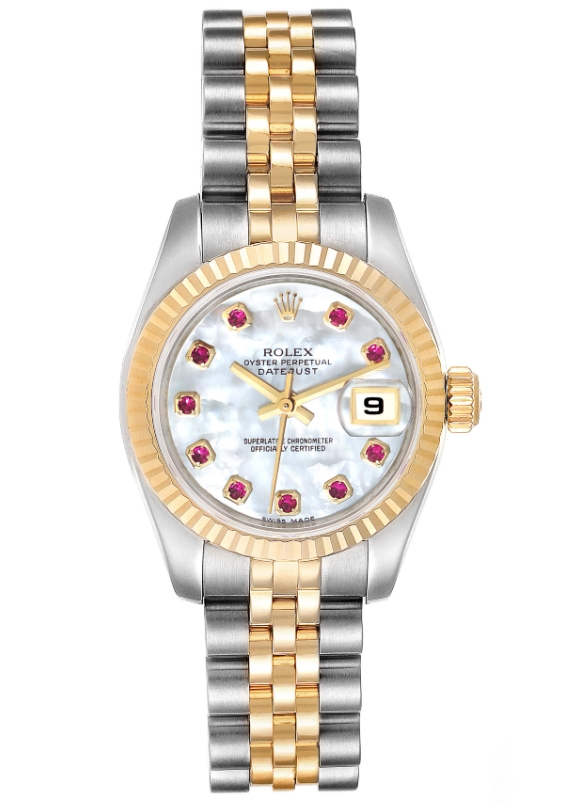 Datejust 26mm in Steel with Yellow Gold Diamond Bezel on Jubilee Bracelet with MOP Ruby Diamond Dial