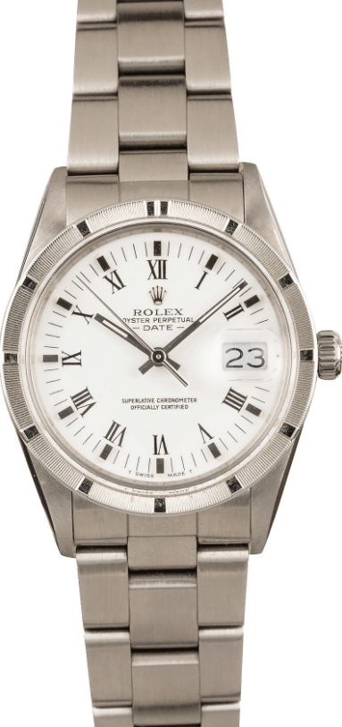 Datejust Mid Size 34mm in Steel with Engine Turn Bezel on Oyster Bracelet with White Roman Dial