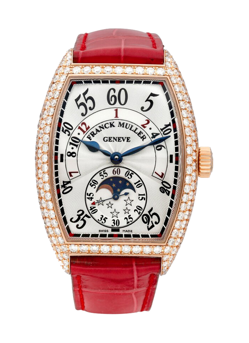 Cintree Curvex Totally Crazy 36mm in Rose Gold with Diamond Bezel on Red Crocodile Leather Strap with Silver Dial