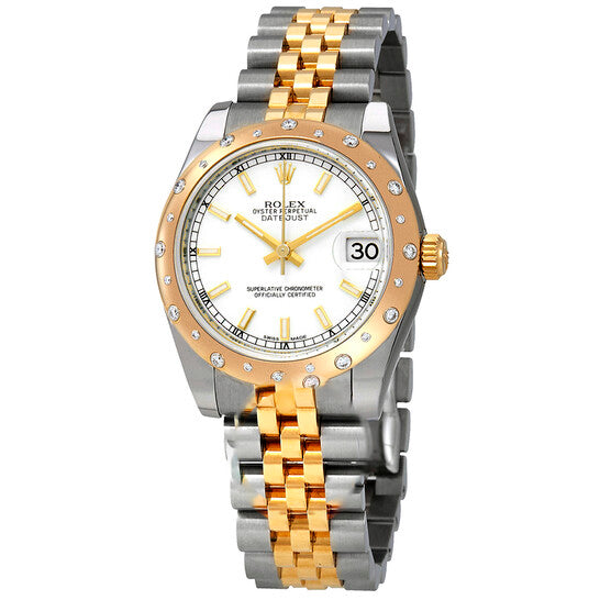 Datejust 31mm in Steel with Yellow Gold Gem-Set Bezel on Jubilee Bracelet with White Stick Dial