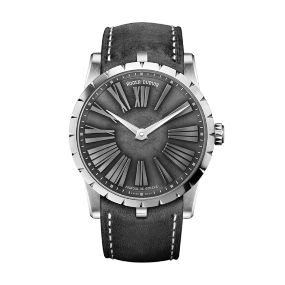 Excalibur 42mm in White Gold on Grey Leather Strap with Grey Roman Dial