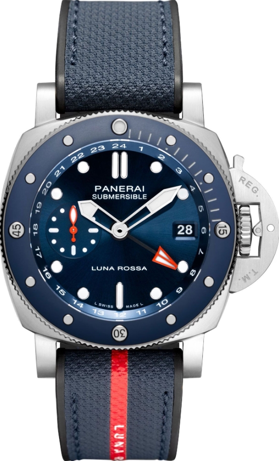 PAM 1507 - Submersible GMT Luna Rossa Titanio in Brushed Titanium on Blue Rubber Strap with Blue Dial