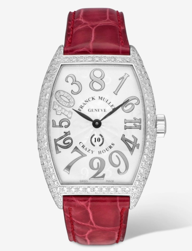 Cintree Curvex Crazy Hours 10th Anniversary in White Gold with Diamond Case on Red Crocodile Leather Strap with Silver Dial - Diamond on 10