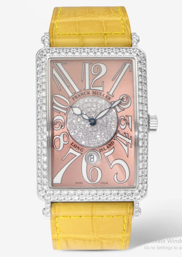 Long Island Mens Automatic in White Gold with Diamond Bezel on Yellow Crocodile Leather Strap with Salmon Dial - Pave Center Dial