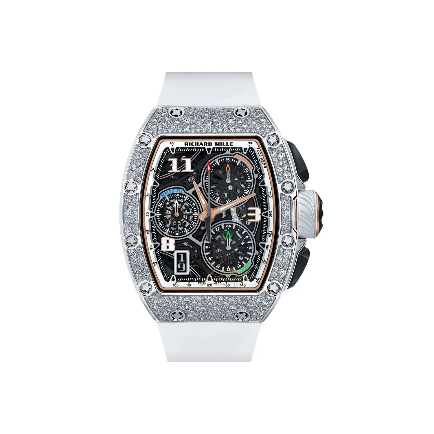 RM72-01 in White Gold with Snow Diamond Setting on White Rubber Strap with Skeleton Dial