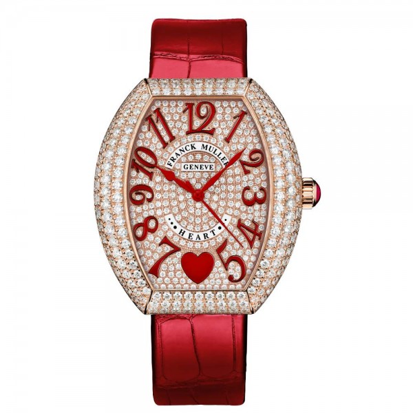 Heart Collection in Rose Gold with Diamond Case on Red Crocodile Leather Strap with Pave Diamond Dial