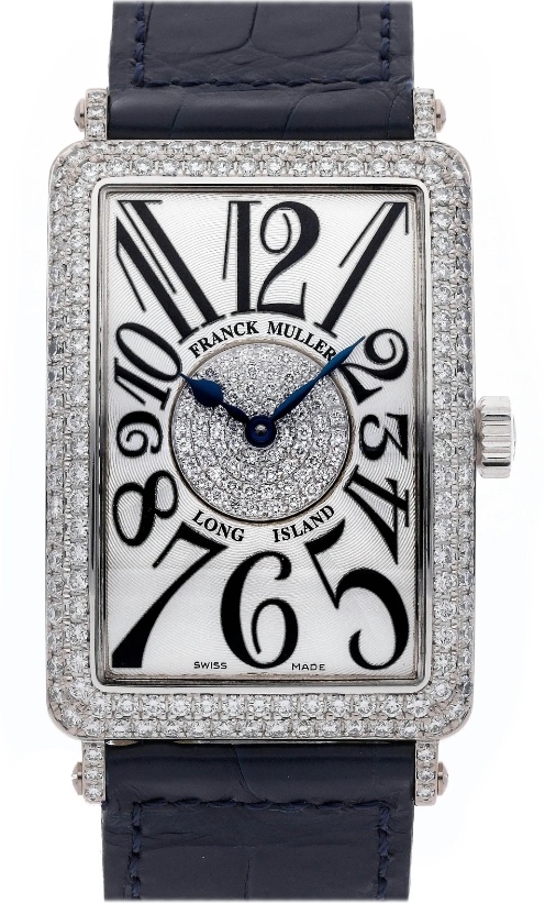 Long Island  30mm in White Gold with Diamond Bezel on Black Crocodile Leather Strap with Silver Dial - Pave Center Diamond