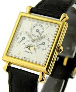 Small Square Perpetual Calendar in Yellow Gold on Back Leather Strap with Silver Dial