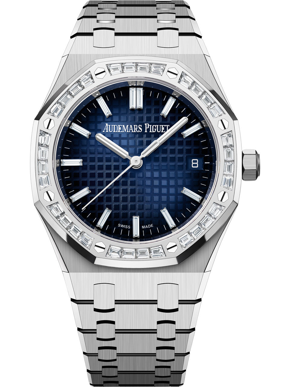 Royal Oak Automatic in White Gold with Baguette Diamond Bezel on White Gold Bracelet with Smoked Blue Dial