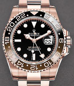 GMT Master II in Rose Gold with Black and Brown Bezel   on Oyster Bracelet with Black Dial