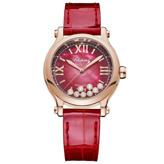 Happy Sport Automatic 33mm in Rose Gold on Red Crocodile Leather Strap with Red MOP Dial
