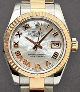 DateJust 26mm in Steel with Rose Gold Fluted Bezel on Oyster Bracelet with MOP RomanDial