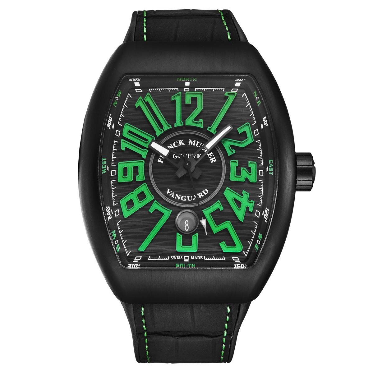 Vanguard Automatic 45mm in PVD Titanium on Black Leather Strap with Black Dial Green Accents