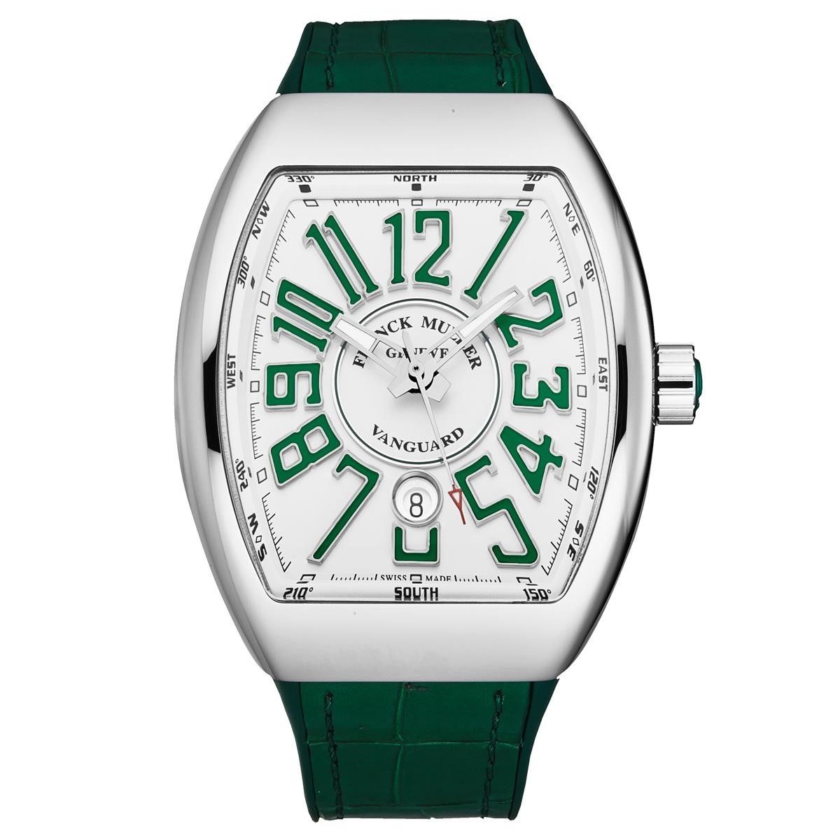 VanGuard 45mm in Steel on Green Crocodile Leather Strap with White Dial - Green Markers