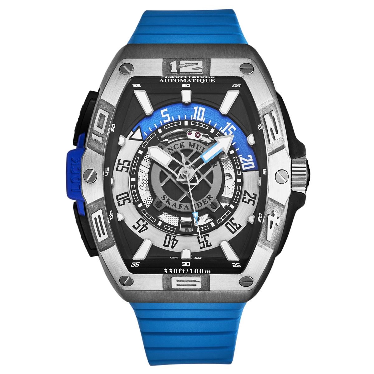 Skafander 46mm in Titanium on Blue Rubber Strap with Black Dial