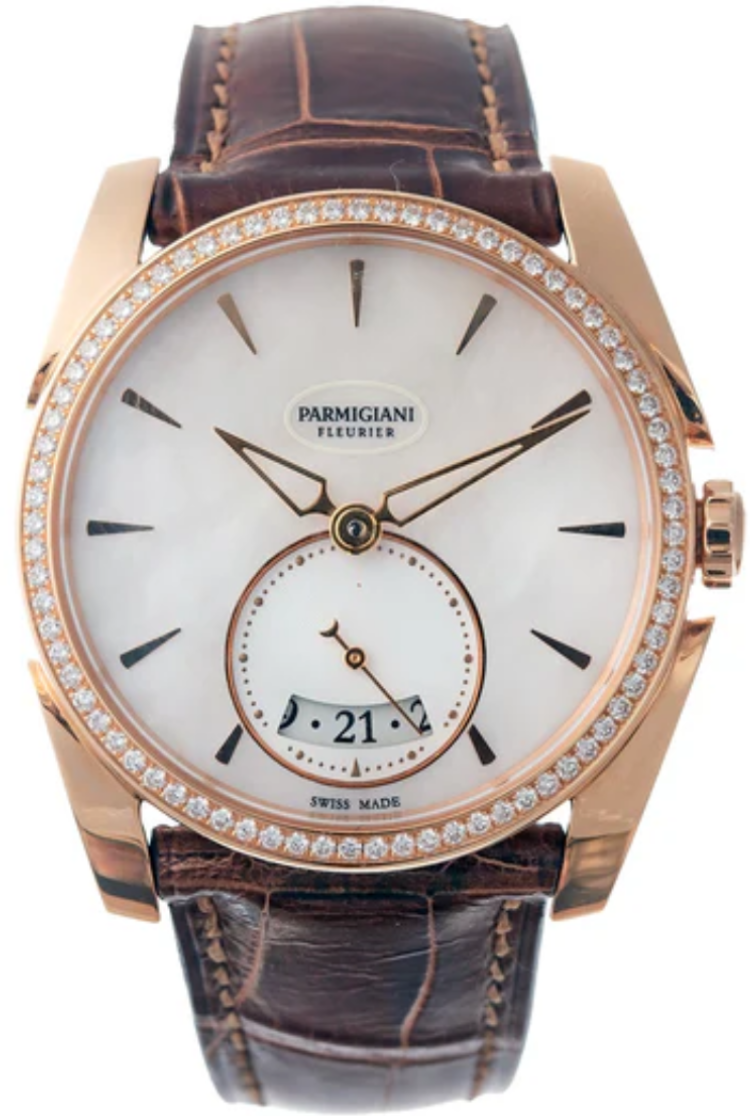 Tonda Metropolitaine 33.1mm in Rose Gold with Diamond Bezel On Brown Alligator Leather Strap with Mother of Pearl Dial