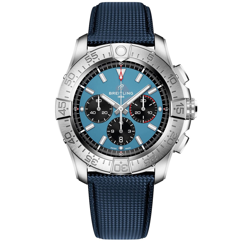 Superavenger Chrono B01 46 in Titanium on Blue Leather Strap with Blue Dial - Black SubDials