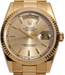 President Day-Date 36mm in Yellow Gold with Fluted Bezel on Oyster Bracelet with Champagne Index Dial