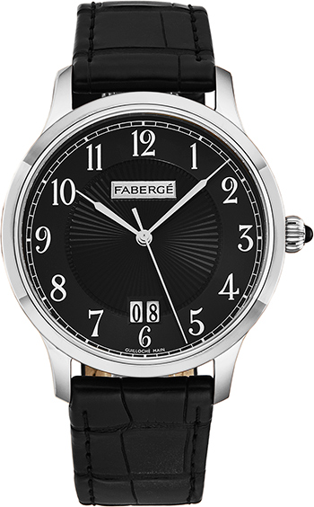 Agathon Men's Watch in White Gold on Black Alligator Leather Strap With Black Dial
