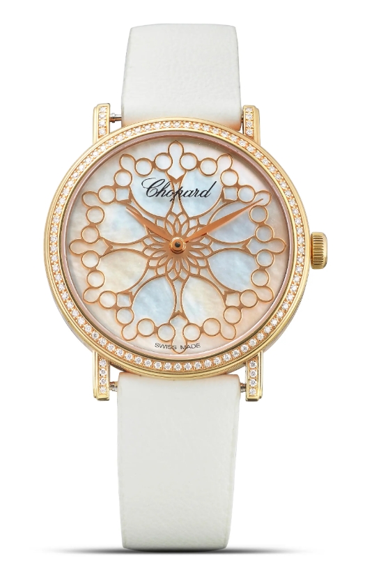 Classic 35.5mm in Yellow Gold Gold with Diamond Bezel & Lugs on White Satin Strap with MOP Dial - Rose Gold Floral Motif