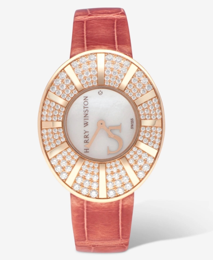 Harry Winston Talk to Me in Rose Gold with Diamond Bezel on Red Crocodile Leather Strap with White Dial