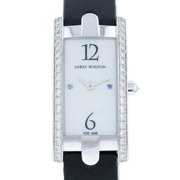 Avenue C Mini Quartz in White Gold with Diamond Bezel on Black Satin Strap with White Dial