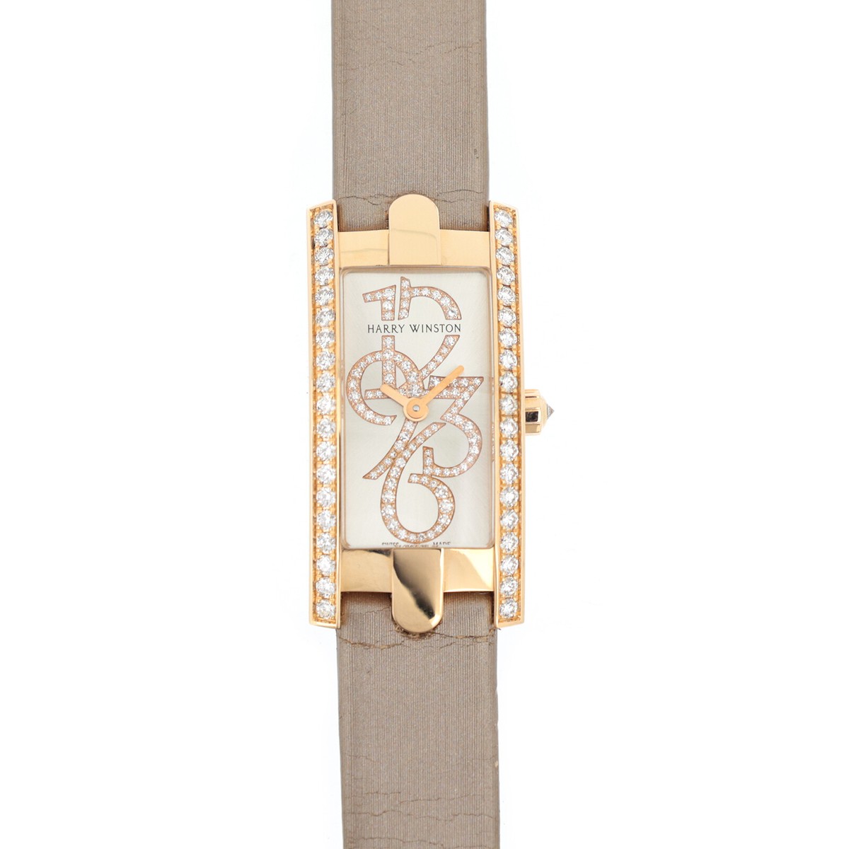 Avenue C Mini Quartz in Rose Gold with Diamond Bezel on Brown Satin Strap with Silver Diamond Dial
