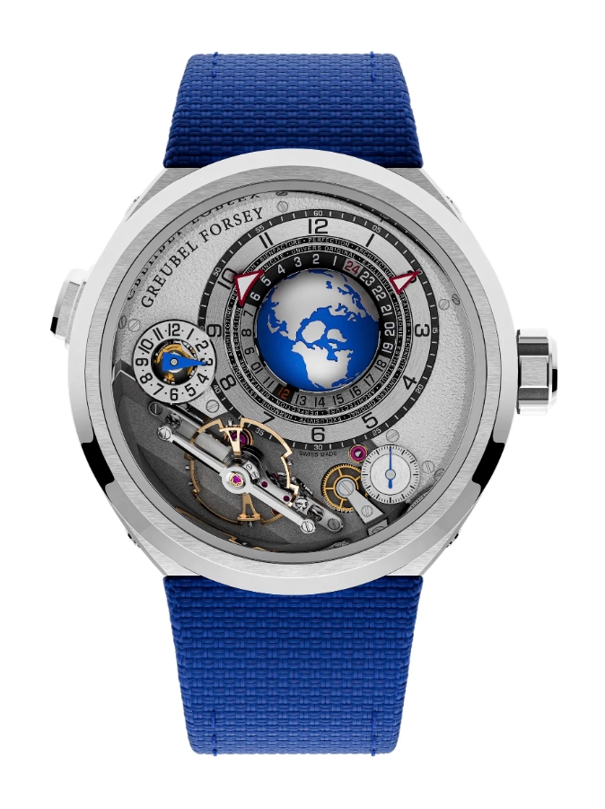GMT Balancier Convexe in Titanium on Blue Textile Strap with Titanium and World Display Dial