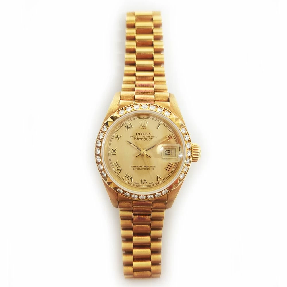 Ladies President 26mm in Yellow Gold with Diamond Bezel on President Bracelet with Champagne Roman Dial