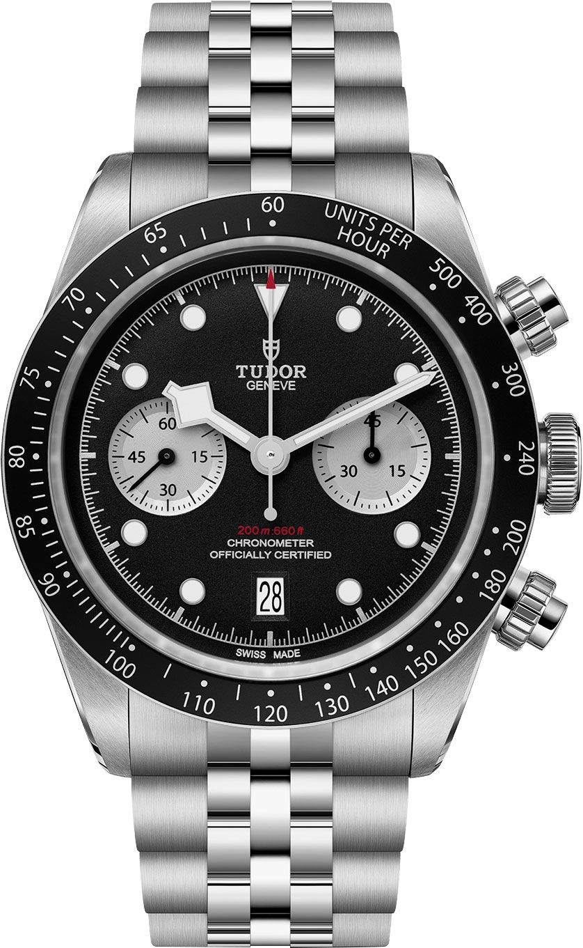 Tudor Heritage Black Bay Chrono in Steel with Black Bezel on Steel Bracelet with Black Dial