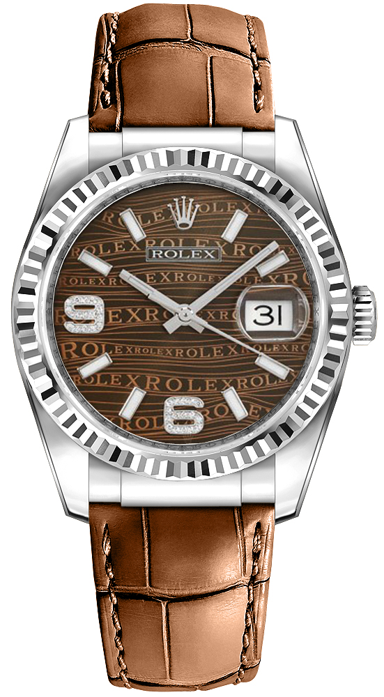 Datejust 36mm in White Gold with Fluted Bezel on Brown Crocodile Leather Strap with Chocolate Wave Dial - Arabic & Stick Markers