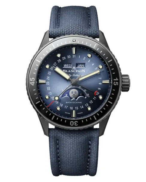 Fifty Fathoms Bathyscaphe Quantieme Complete Phases de Lune in Ceramic On Blue Fabric Strap with Blue Dial