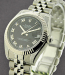 Mid Size 31mm Datejust in Steel with White Gold Fluted Bezel on Bracelet with Black Roman Dial