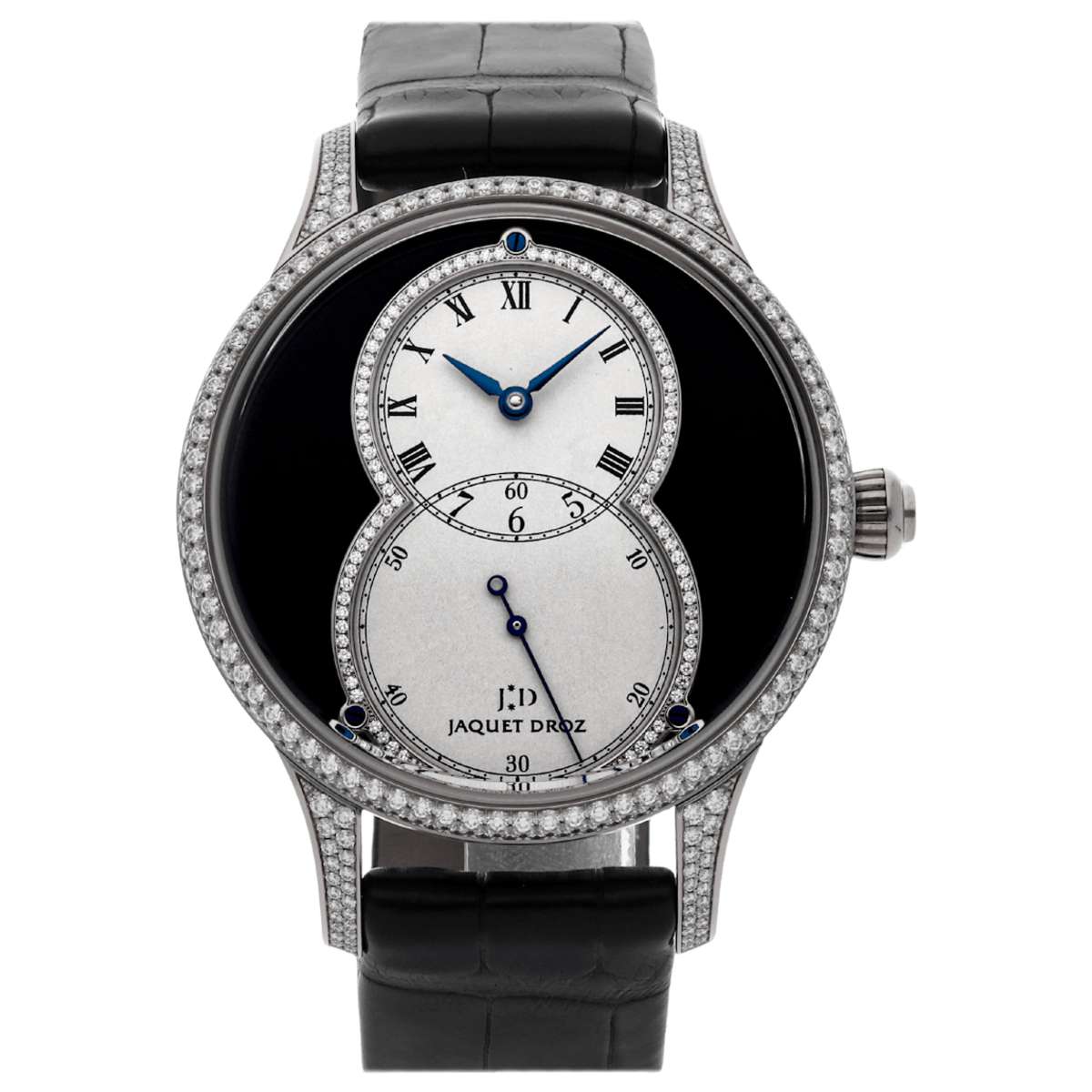 Grande Seconde 39mm in White Gold with Diamond Bezel & Lugs on Black Alligator Leather Strap with Black Diamond Dial