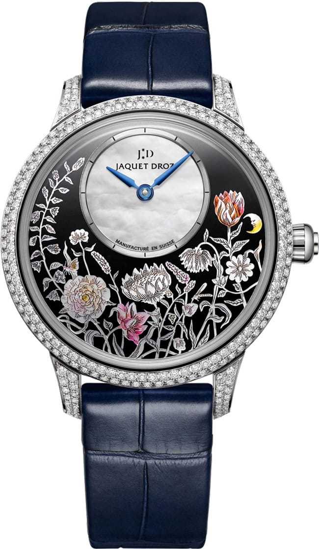 Petite Heure Minute 35mm Automatic in White Gold with DIamond Bezel & Lugs on Blue Alligator Leather Strap with Black & MOP Dial - Hand Painted Flowers