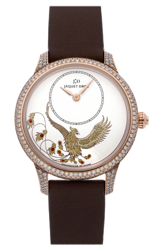 Petite Heure Minute Phoenix 35mm Automatic in Rose Gold with Diamond Bezel on Brown Satin Strap with Ivory Grand FEU Enamel Dial