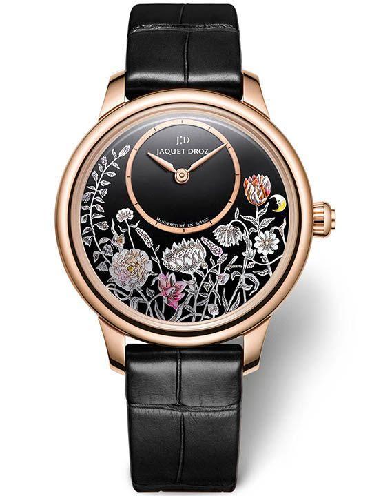 Petite Heure Minute Thousand Year Lights 35mm Automatic in Rose Gold on Black Alligator Leather Strap with Black Dial - Hand Painted Flowers