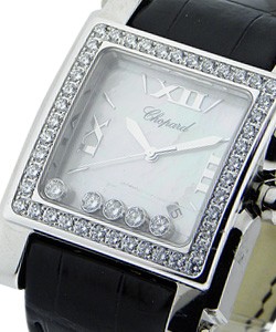  Happy Sport Square with Diamond Bezel XL White Gold on Strap with MOP Dial