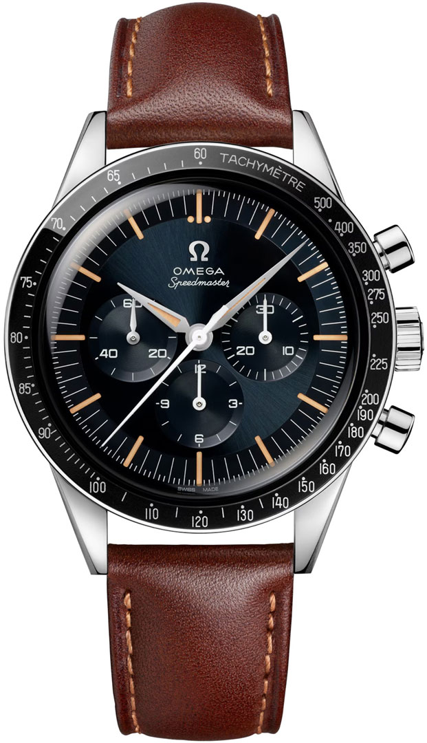 Speedmaster Anniversary Series 39.7mm in Steel with Black Bezel on Brown Calfskin Leather Strap with Blue-Grey Dial
