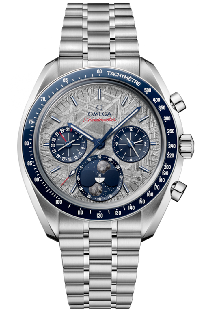 Speedmaster Moonphase Chronograph 43mm in Steel with Blue Bezel on Steel Bracelet with Meteorite Dial