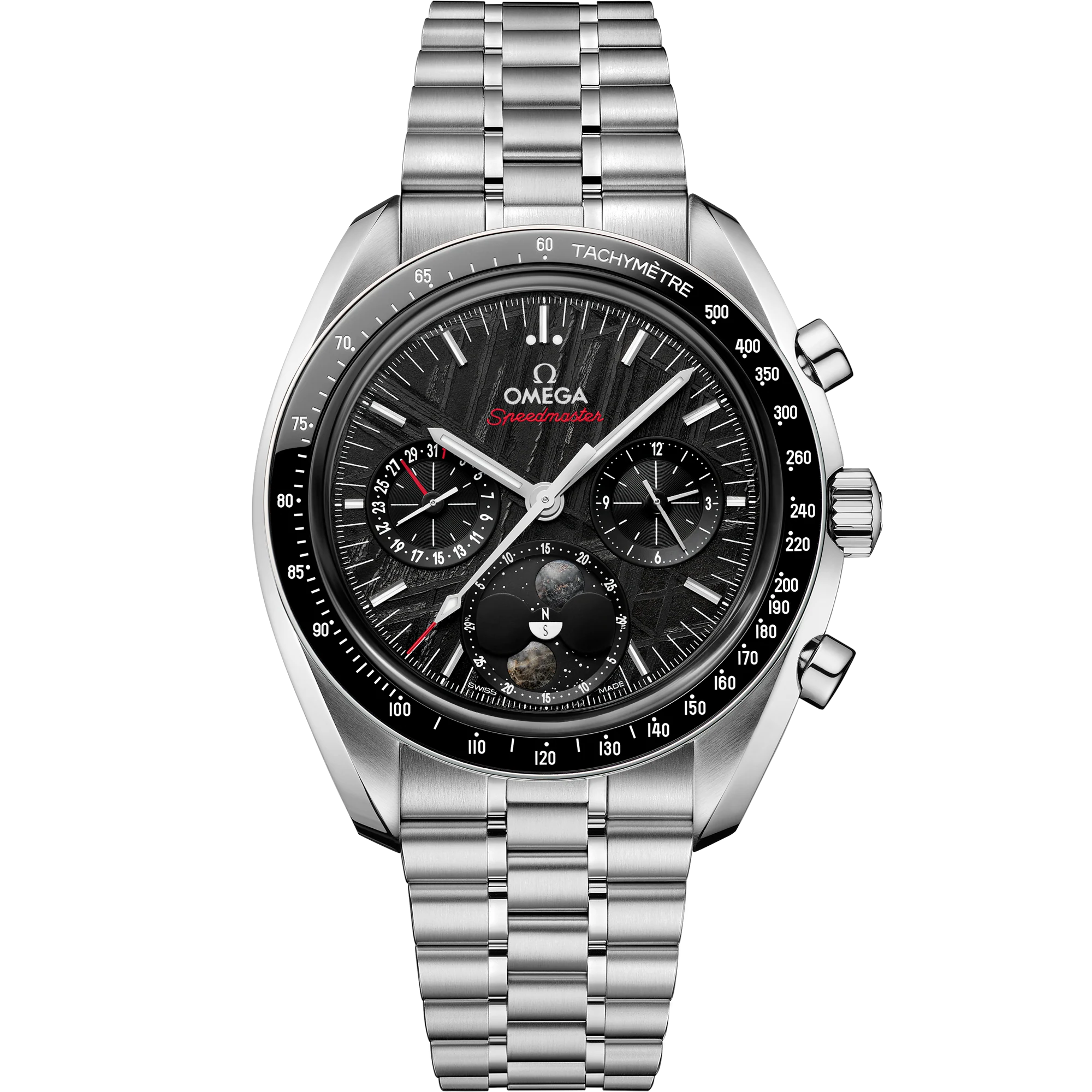 Speedmaster Moonphase Chronograph 43mm in Steel with Black Bezel on Steel Bracelet with Black Meteorite Dial